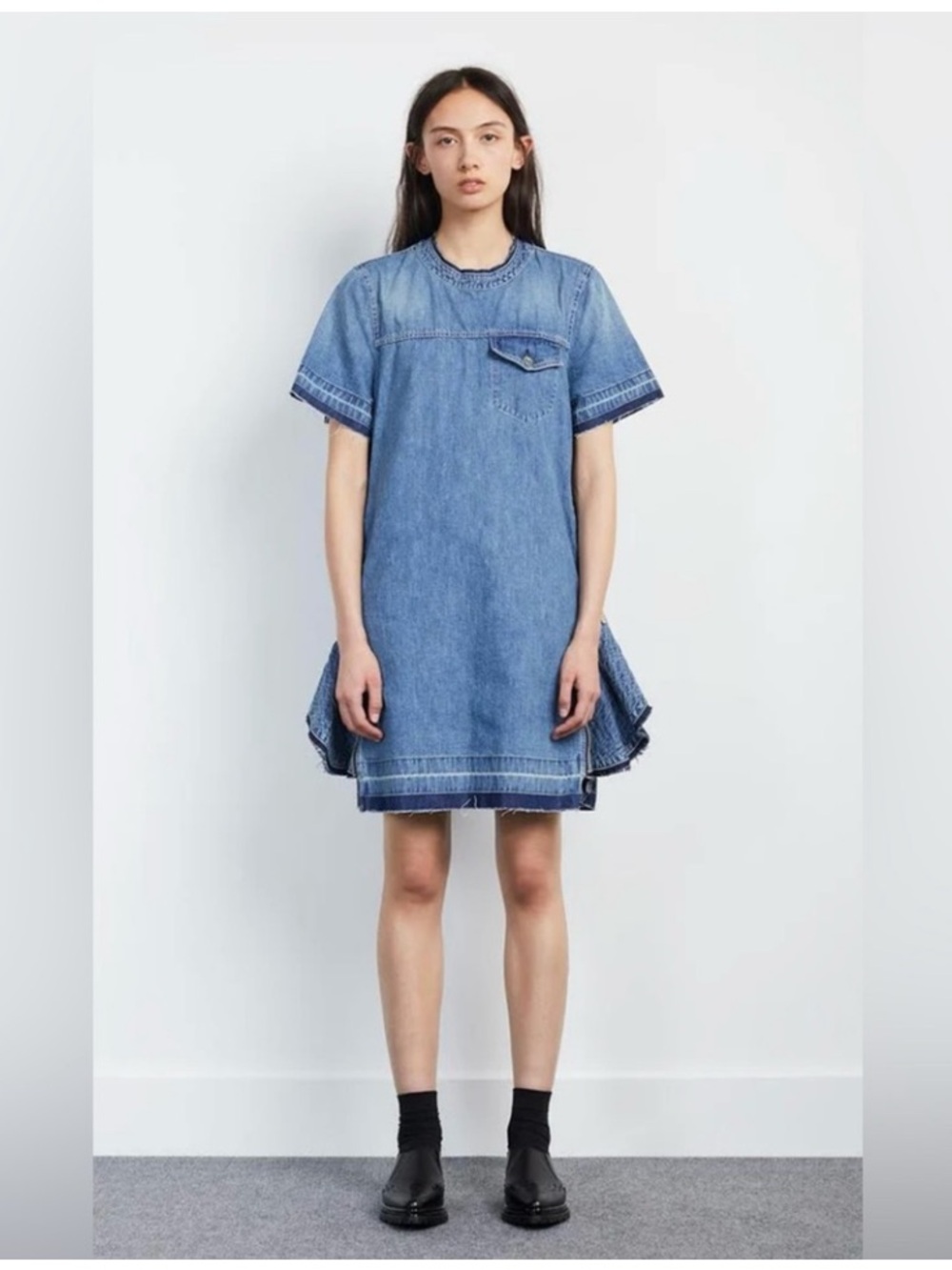 SACAI denim dress ruffle zippers washed blue 38 S M